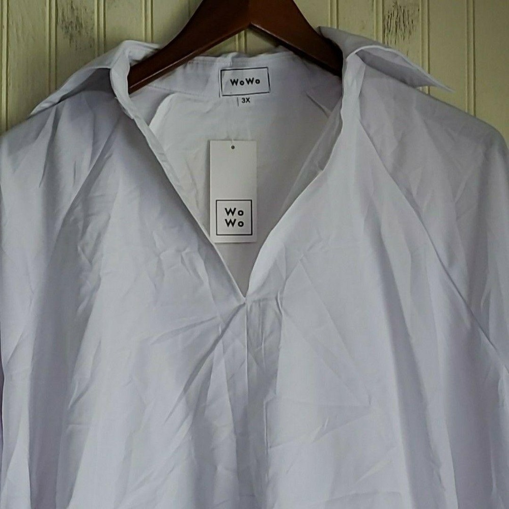 WoWo Blouse Womens Plus 3X White Collared Long Sleeve Ruffle Tunic High Low Top